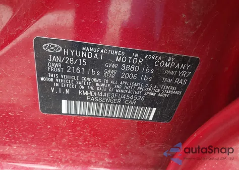 2015 Hyundai Elantra Limited из США, поврежденный, VIN KMHDH4AE3FU454526